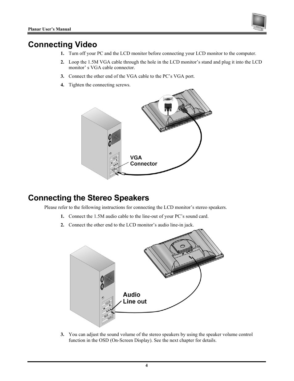 Connecting video, Connecting the stereo speakers | Planar FWT1744NU User Manual | Page 10 / 18