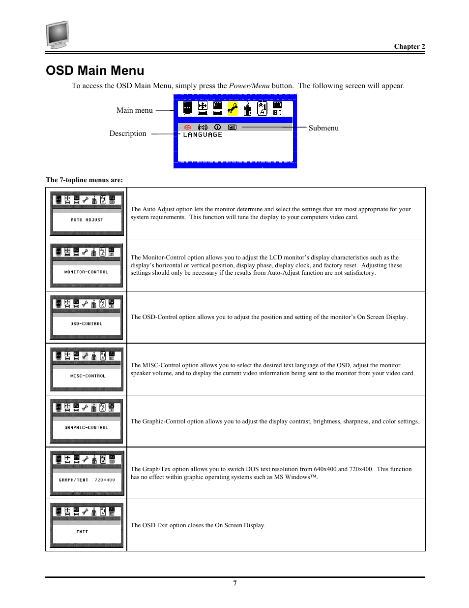 Osd main menu | Planar FWT1744NU User Manual | Page 13 / 18