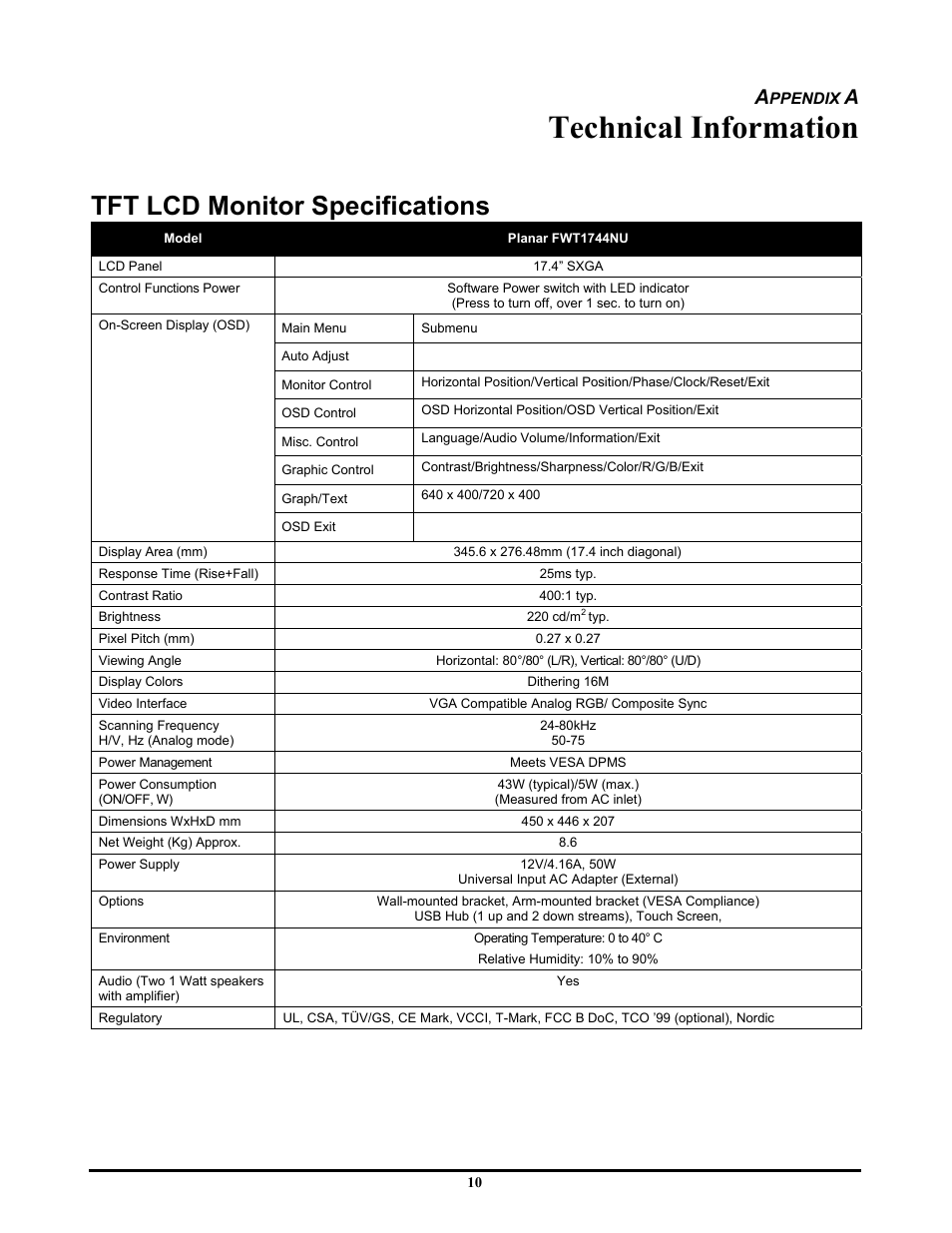 Technical information, Tft lcd monitor specifications | Planar FWT1744NU User Manual | Page 16 / 18