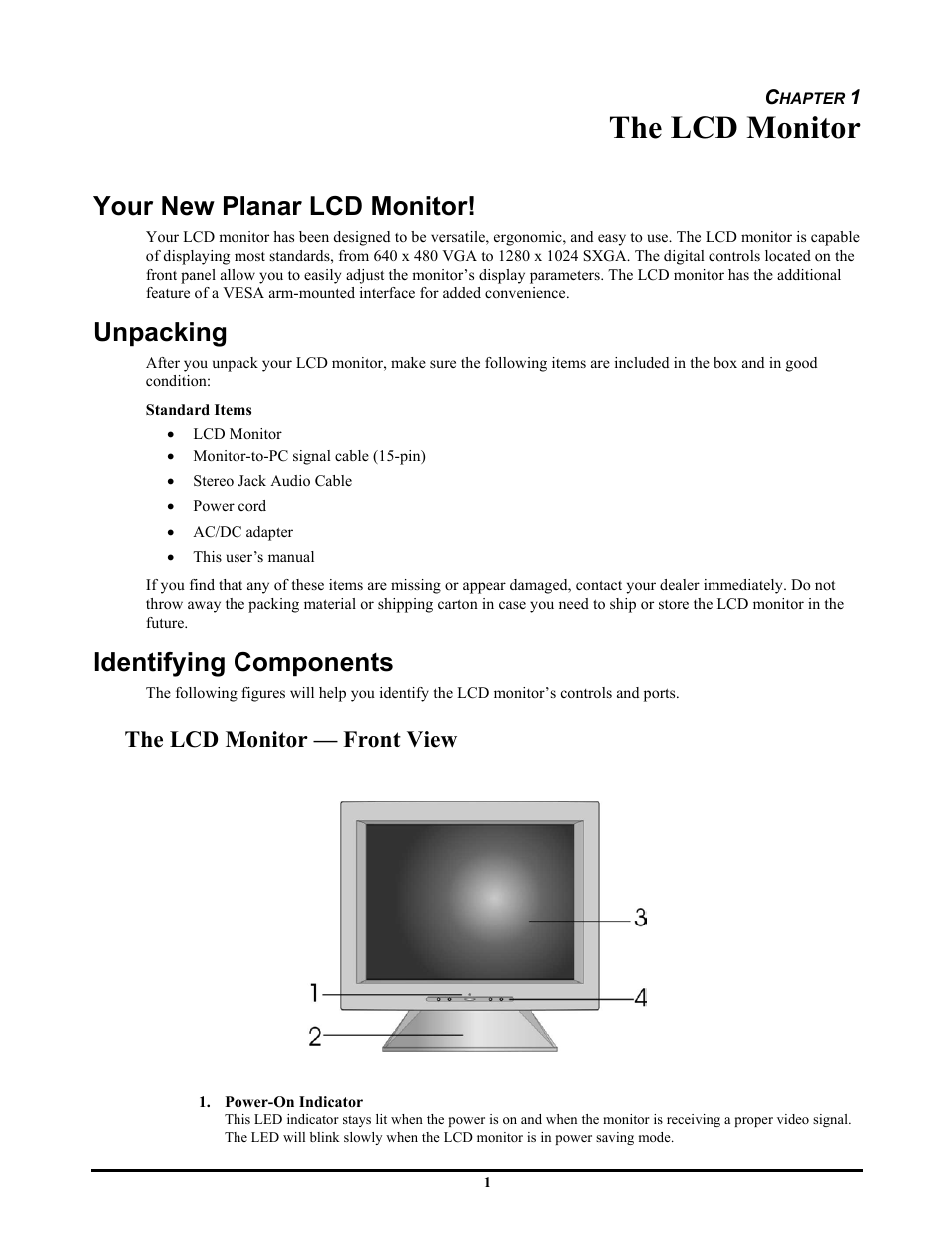 The lcd monitor, Your new planar lcd monitor, Unpacking | Identifying components, The lcd monitor — front view | Planar FWT1744NU User Manual | Page 7 / 18