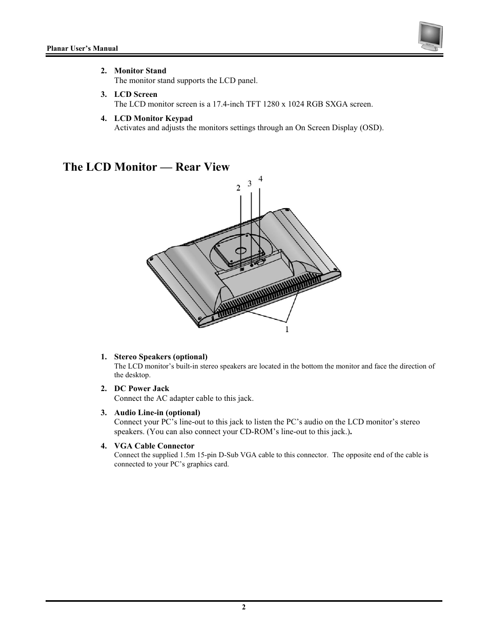 The lcd monitor — rear view | Planar FWT1744NU User Manual | Page 8 / 18