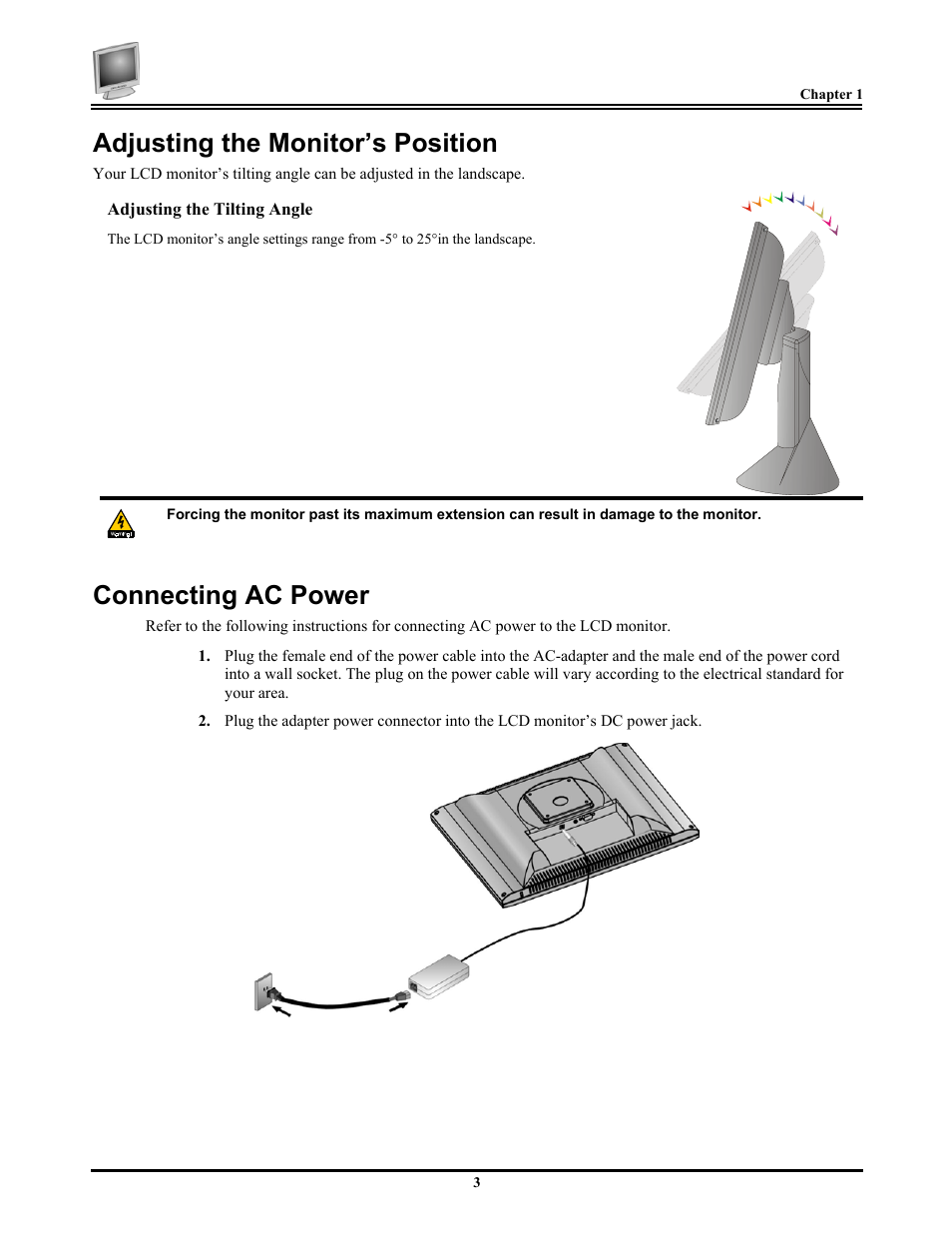 Adjusting the monitor’s position, Connecting ac power | Planar FWT1744NU User Manual | Page 9 / 18