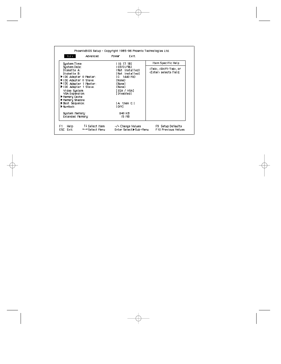 Main menu, System time and system date, Diskette a and diskette b | Ide adapter master and ide adapter slave sub-menus, Video system, Vga expansion | Planar C3013T User Manual | Page 28 / 60