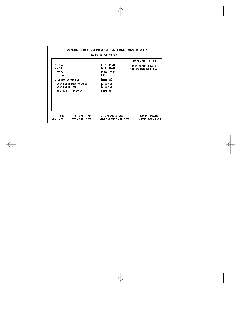 Integrated peripherals sub-menu, Com a, Com b | Lpt port, Lpt mode, Diskette controller | Planar C3013T User Manual | Page 34 / 60