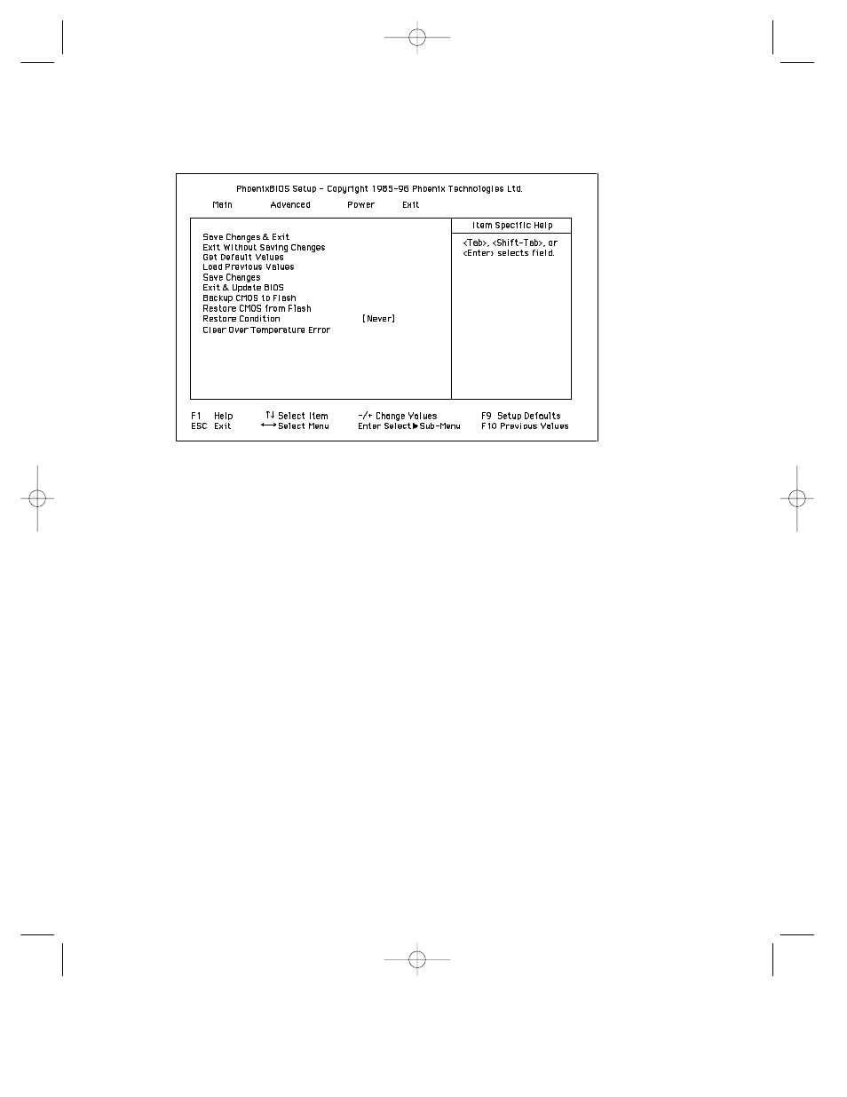 Exit menu, Save changes & exit, Exit without saving changes | Get default values, Load previous values, Save changes, Exit & update bios, Backup cmos to flash, Restore cmos from flash | Planar C3013T User Manual | Page 39 / 60