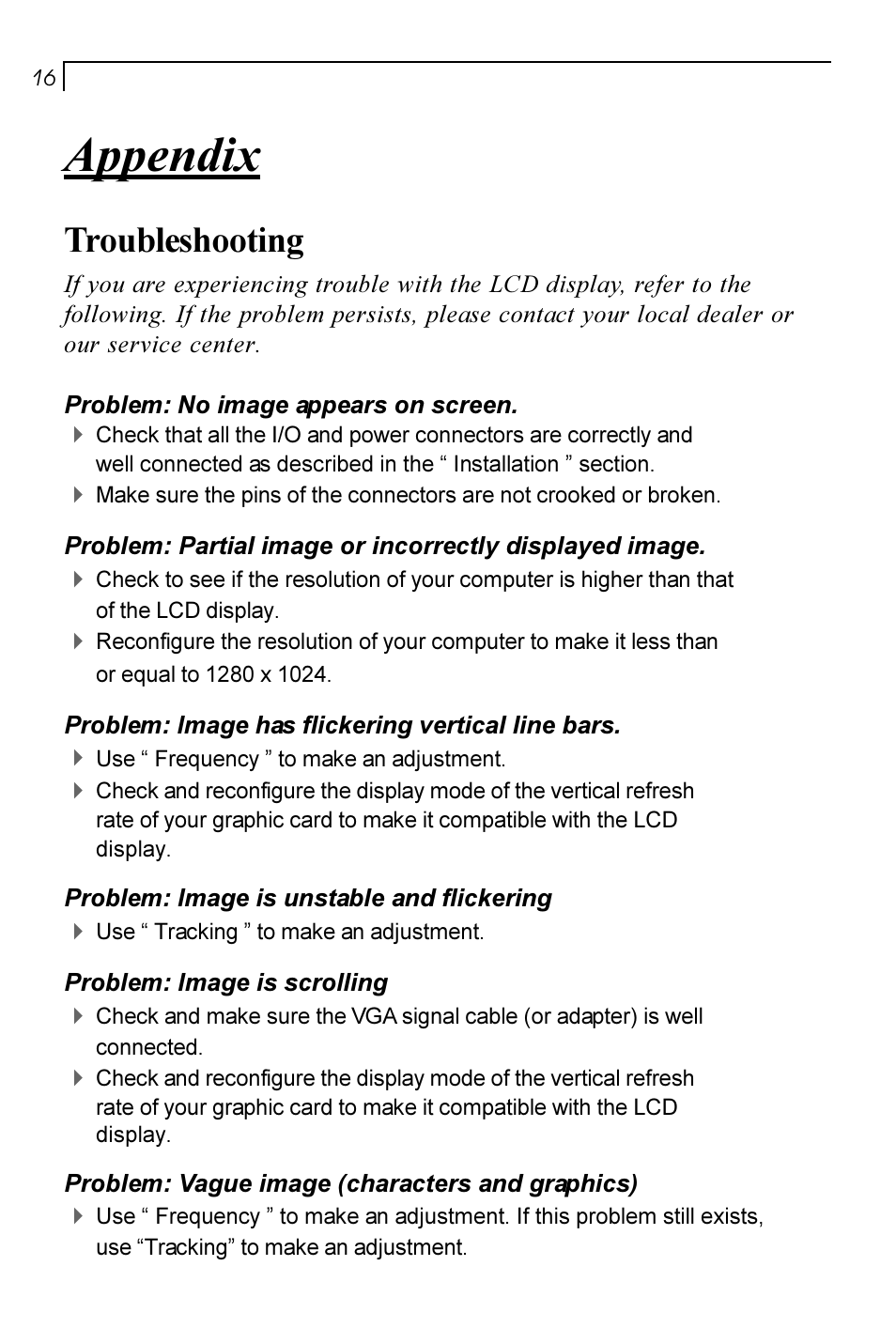 Appendix, Troubleshooting | Planar PT170 User Manual | Page 17 / 22