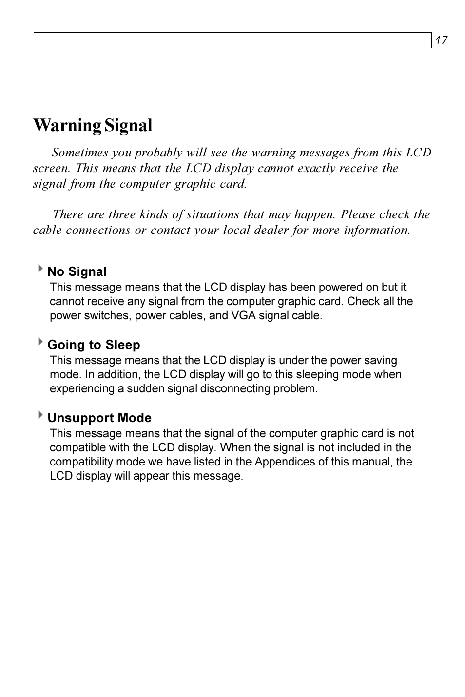Warning signal | Planar PT170 User Manual | Page 18 / 22