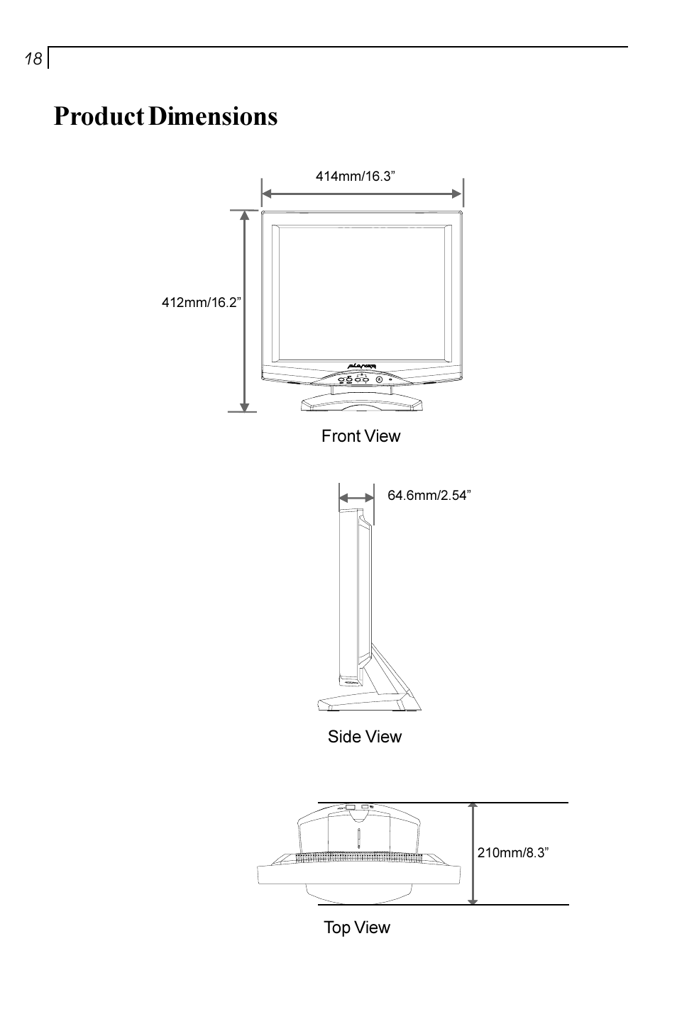 Product dimensions | Planar PT170 User Manual | Page 19 / 22
