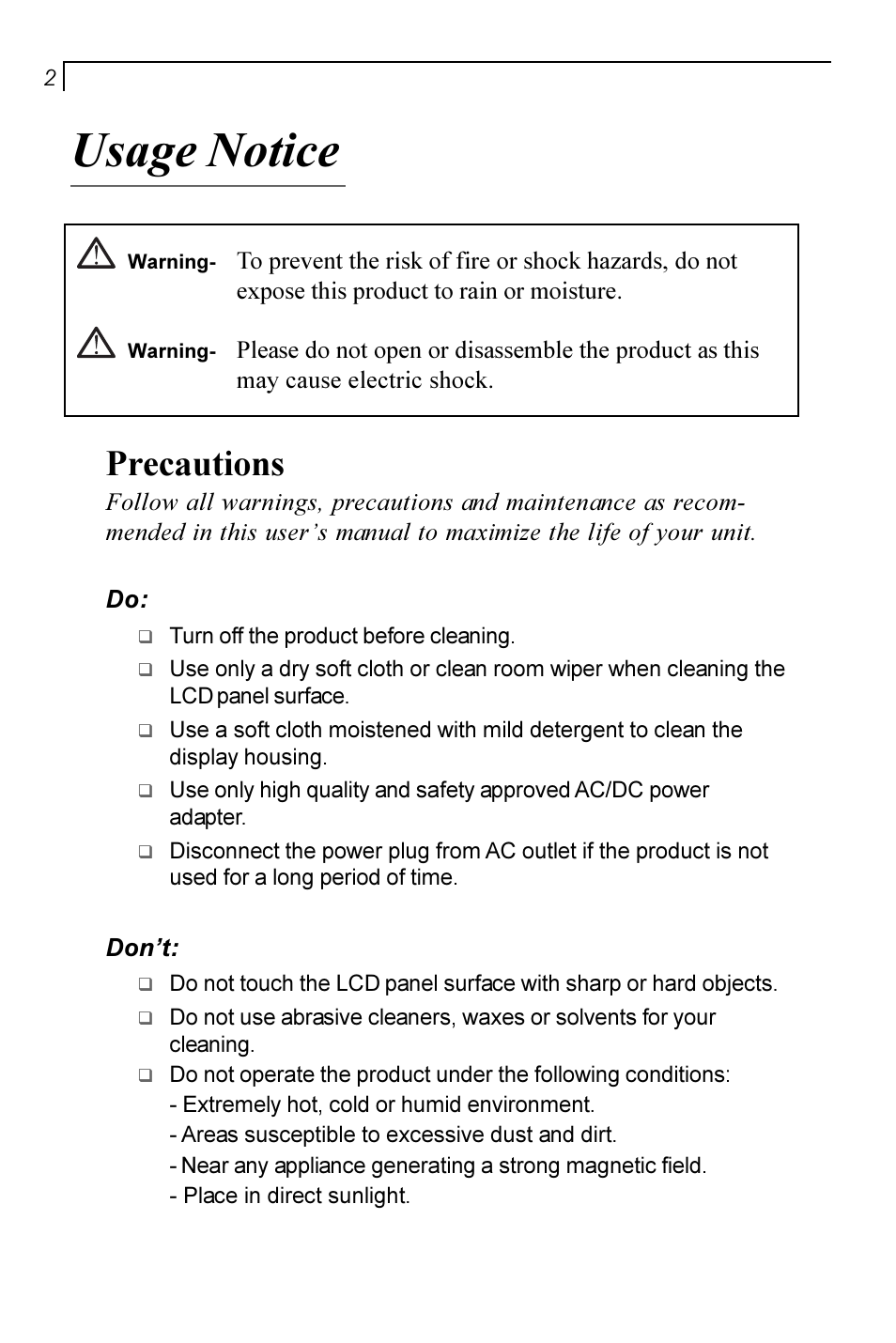 Usage notice, Precautions | Planar PT170 User Manual | Page 3 / 22