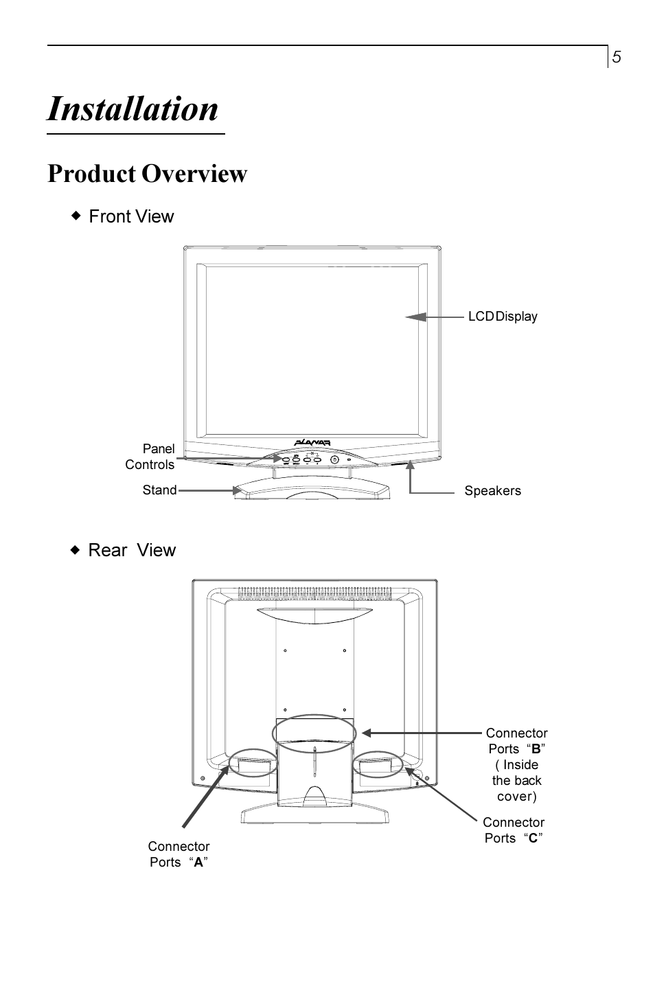 Installation, Product overview, Front view | Rear view | Planar PT170 User Manual | Page 6 / 22