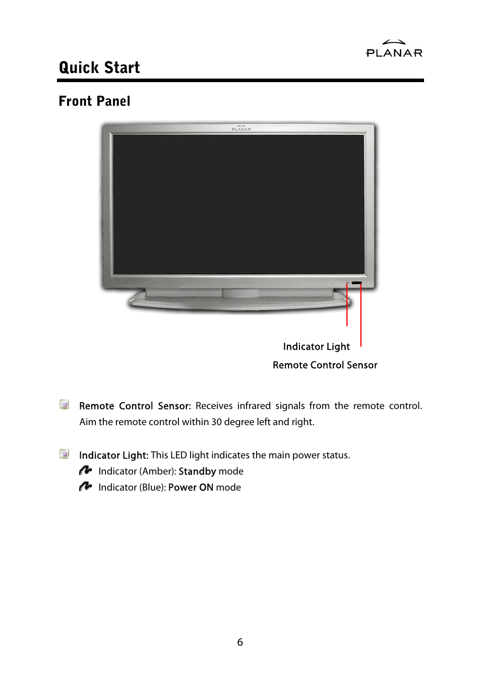 Quick start, Front panel | Planar PDP42HD User Manual | Page 10 / 48