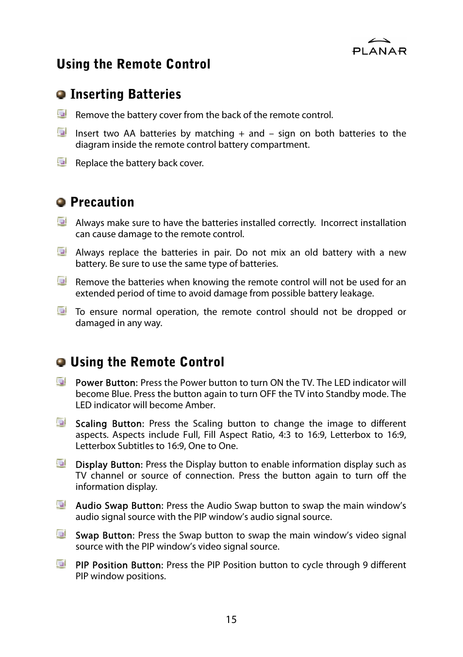 Using the remote control, Inserting batteries, Precaution | Planar PDP42HD User Manual | Page 19 / 48