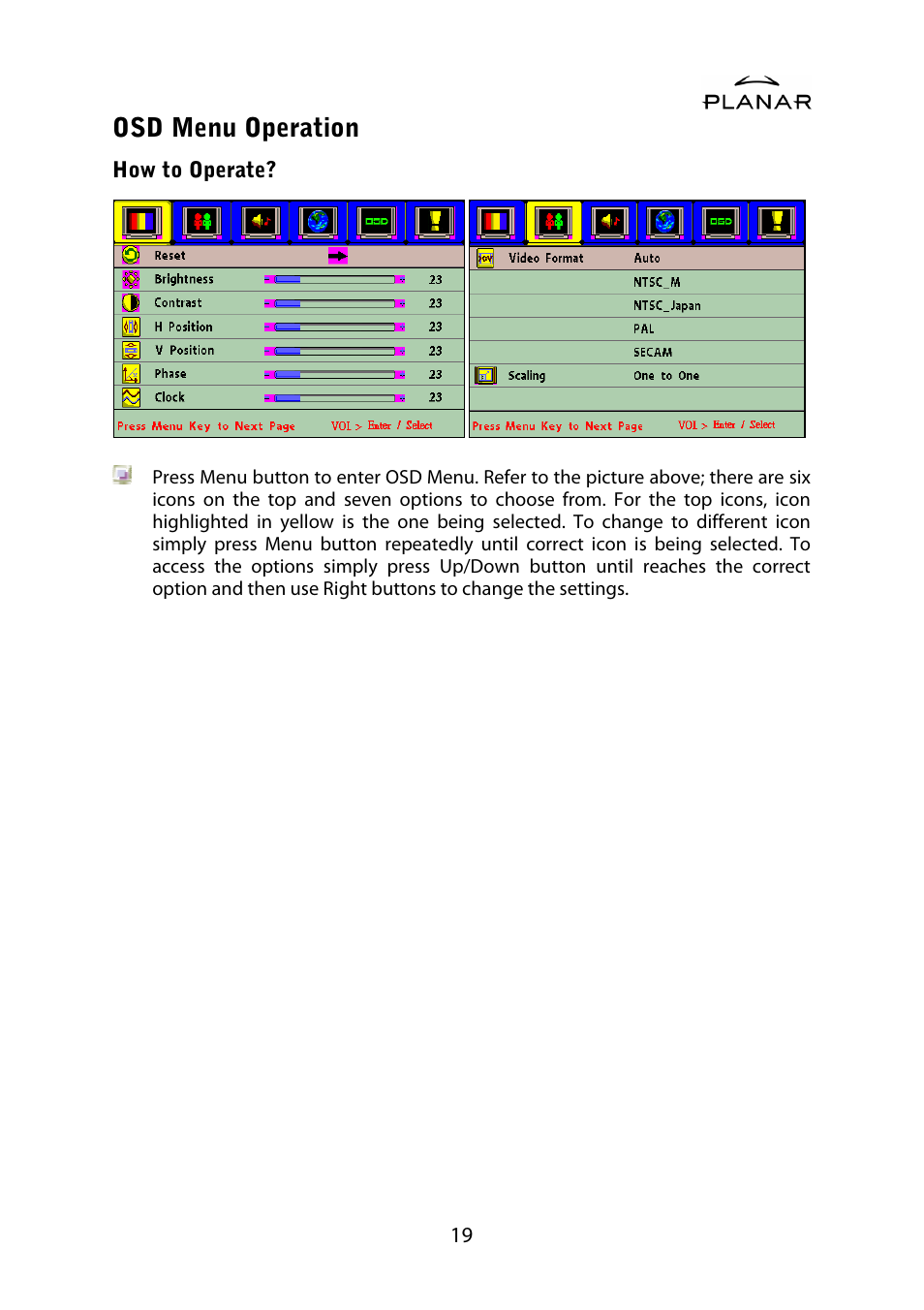 Osd menu operation | Planar PDP42HD User Manual | Page 23 / 48
