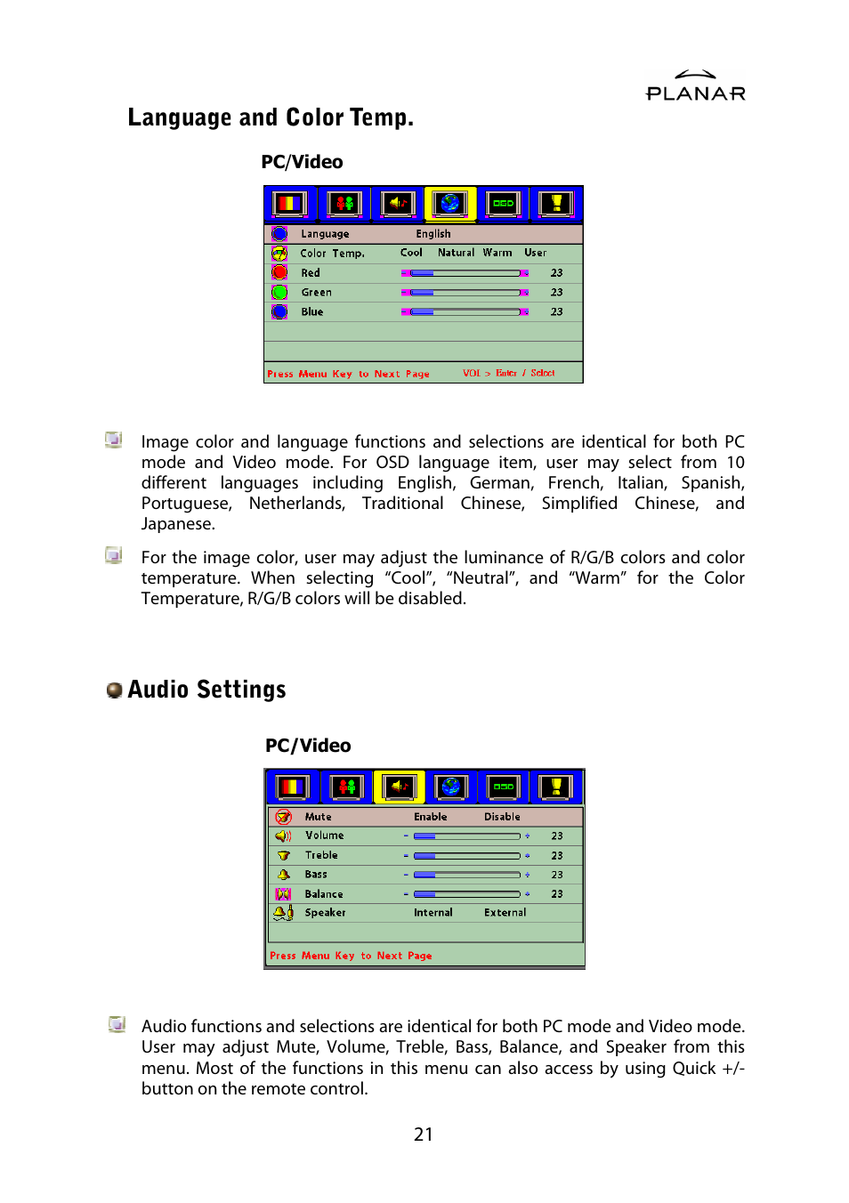 Language and color temp, Audio settings | Planar PDP42HD User Manual | Page 25 / 48