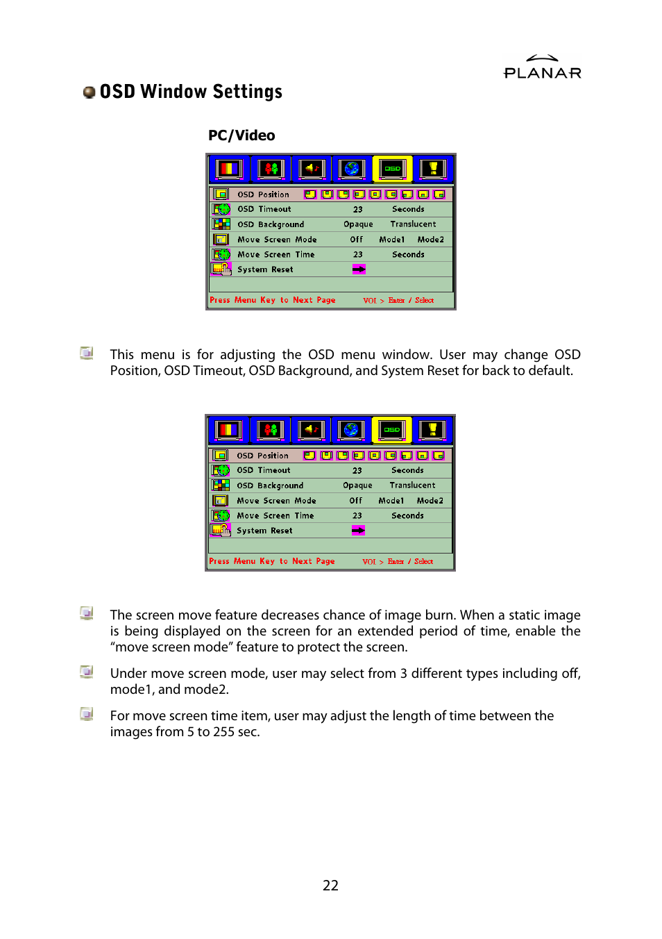 Osd window settings | Planar PDP42HD User Manual | Page 26 / 48
