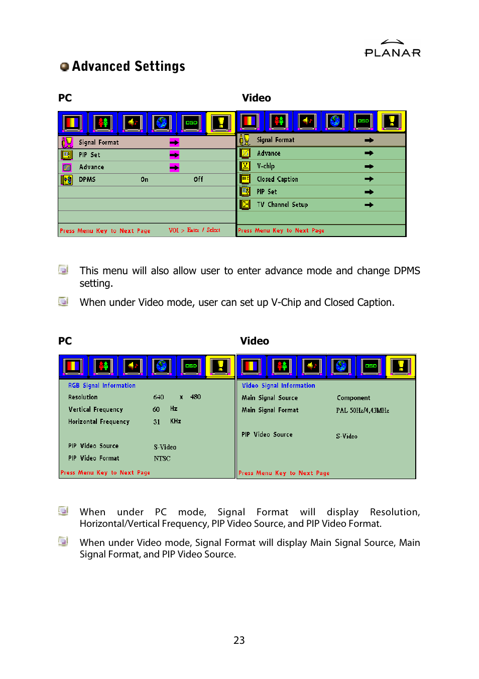Advanced settings | Planar PDP42HD User Manual | Page 27 / 48