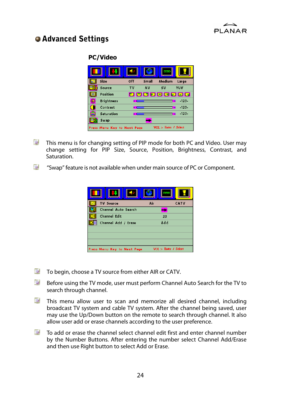 Advanced settings | Planar PDP42HD User Manual | Page 28 / 48