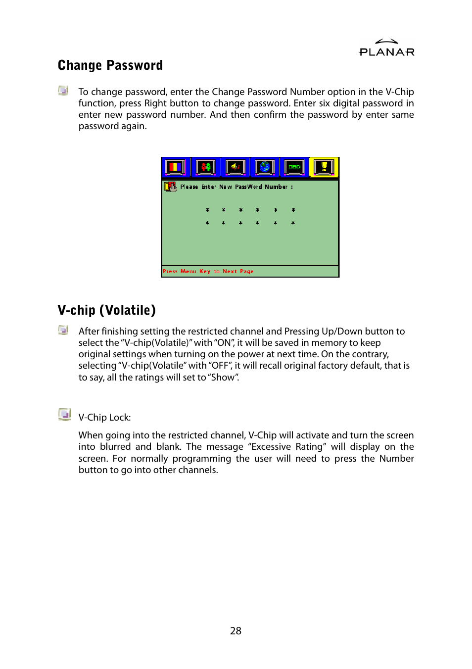 Change password, V-chip (volatile) | Planar PDP42HD User Manual | Page 32 / 48