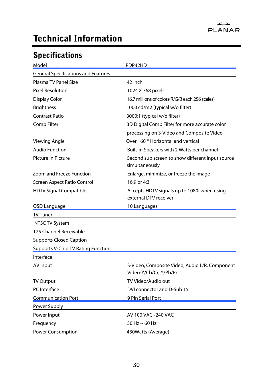 Technical information, Specifications | Planar PDP42HD User Manual | Page 34 / 48