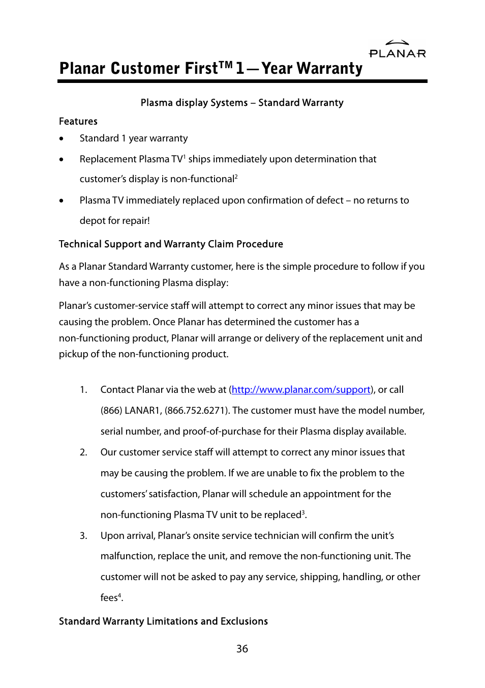 Planar customer first, 1—year warranty | Planar PDP42HD User Manual | Page 40 / 48