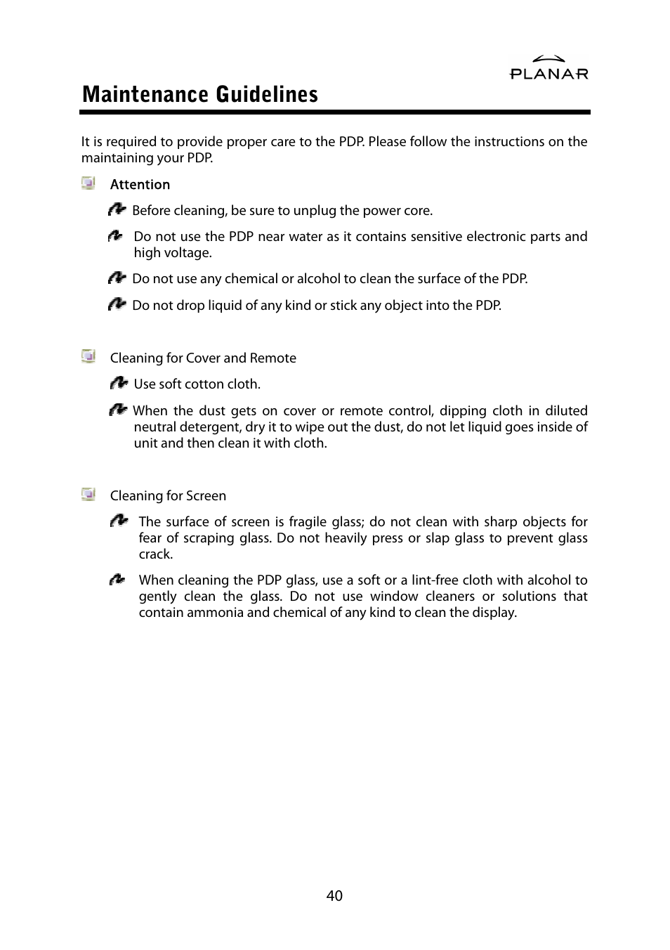 Maintenance guidelines | Planar PDP42HD User Manual | Page 44 / 48