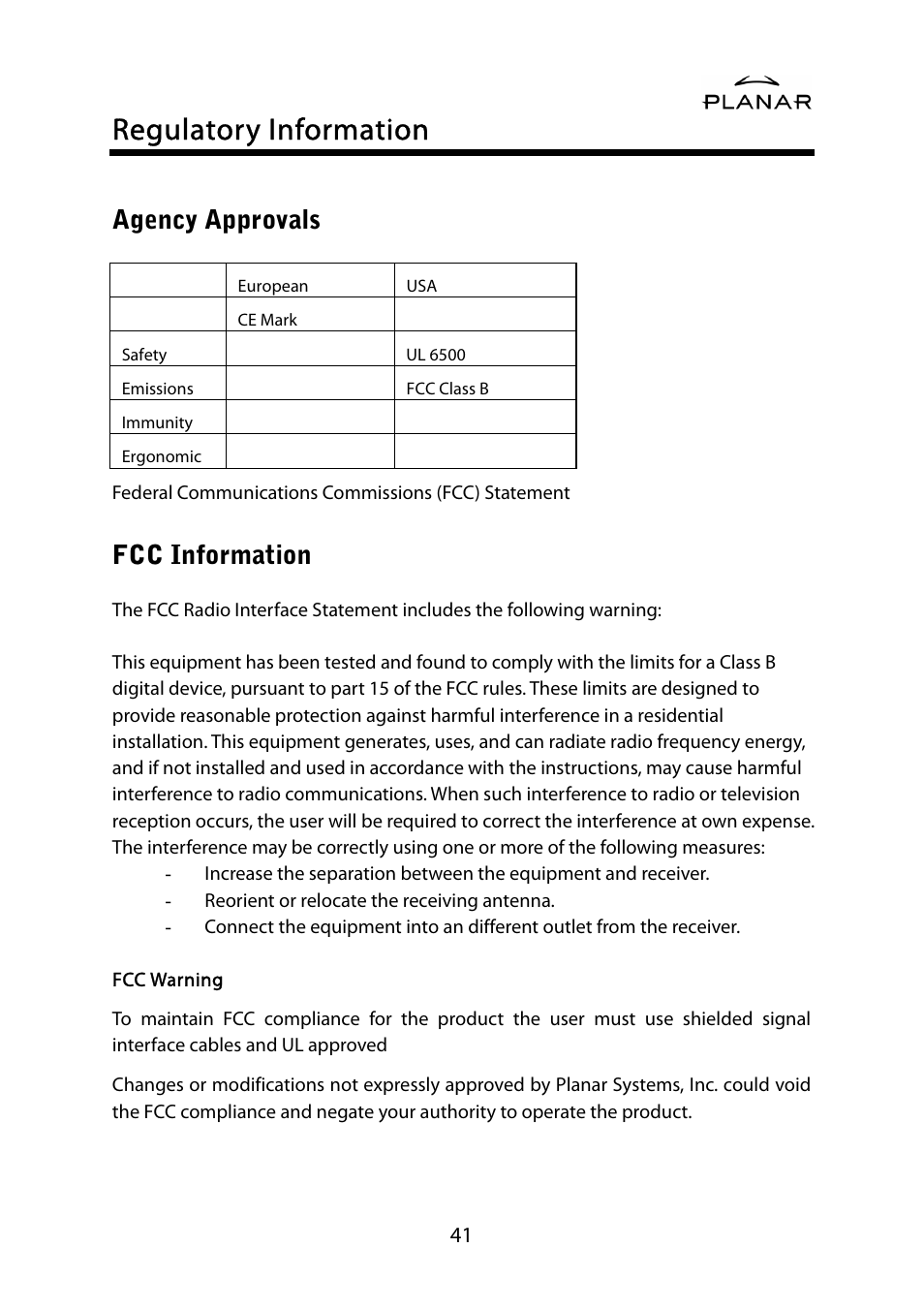 Regulatory information, Agency approvals, Fcc information | Planar PDP42HD User Manual | Page 45 / 48