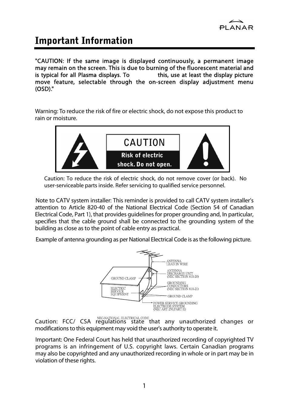 Important information, Caution | Planar PDP42HD User Manual | Page 5 / 48