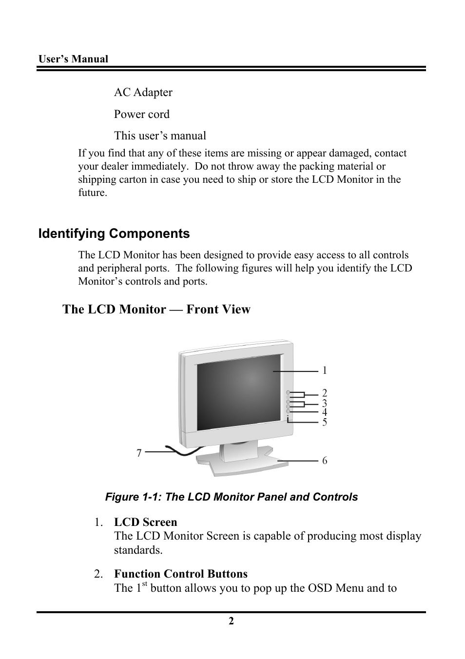 Identifying components, The lcd monitor — front view | Planar PL120 User Manual | Page 10 / 26