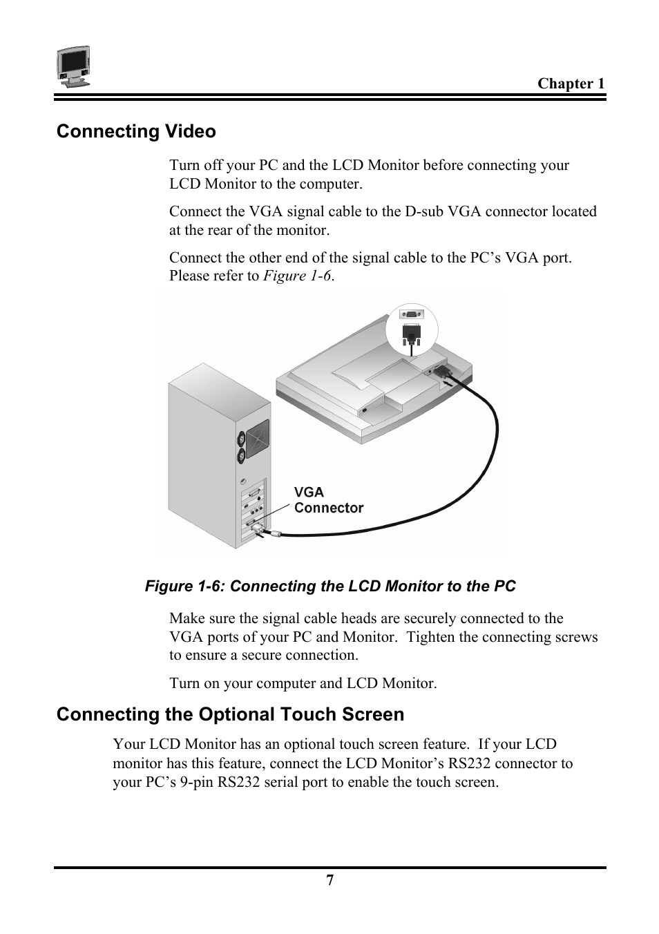 Connecting video, Connecting the optional touch screen | Planar PL120 User Manual | Page 15 / 26