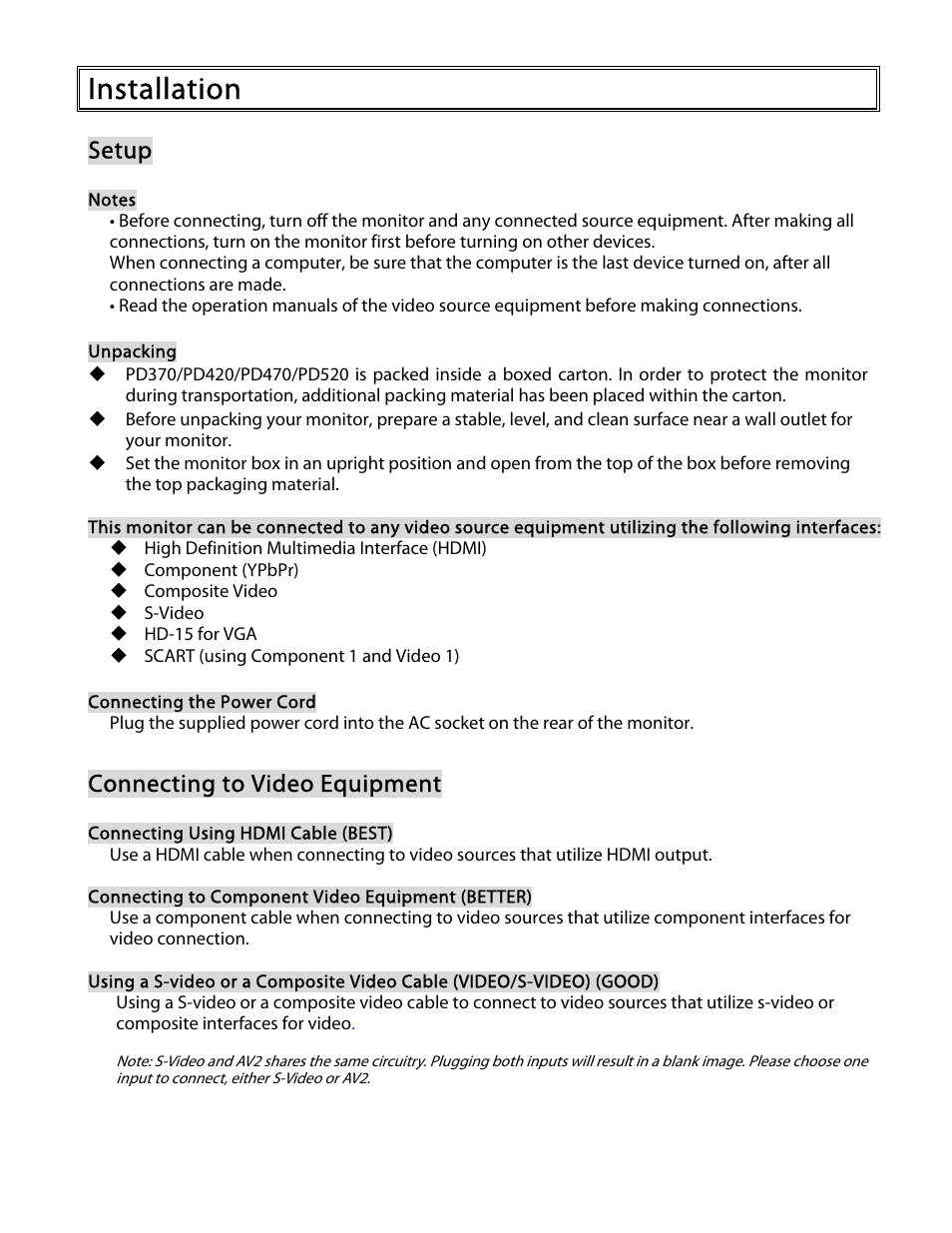 Installation, Setup, Connecting to video equipment | Planar PD370 User Manual | Page 11 / 26