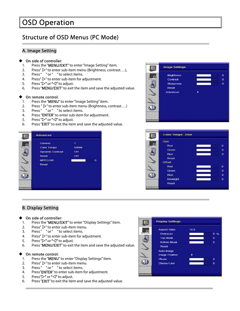 Osd operation, Structure of osd menus (pc mode) | Planar PD370 User Manual | Page 17 / 26