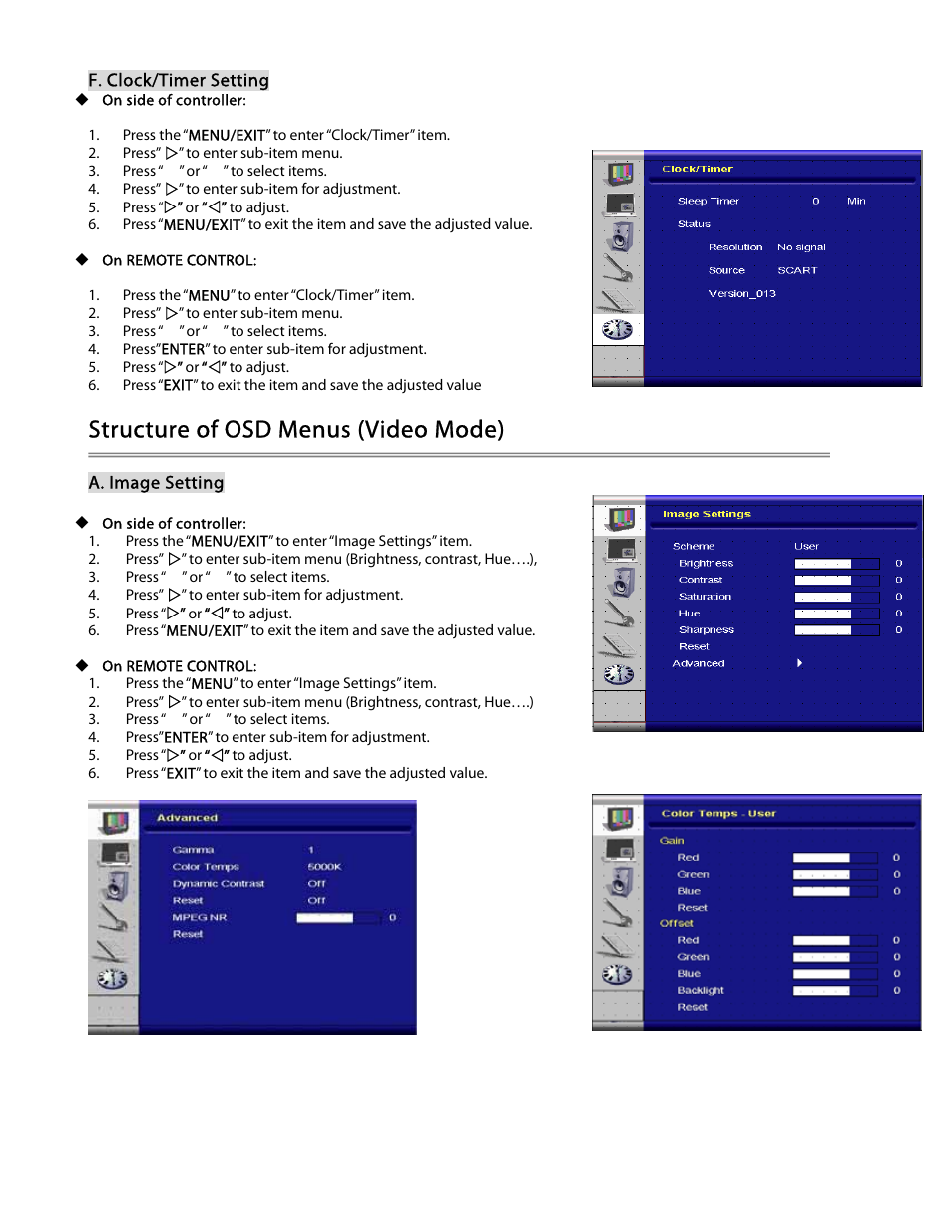 Structure of osd menus (video mode) | Planar PD370 User Manual | Page 19 / 26