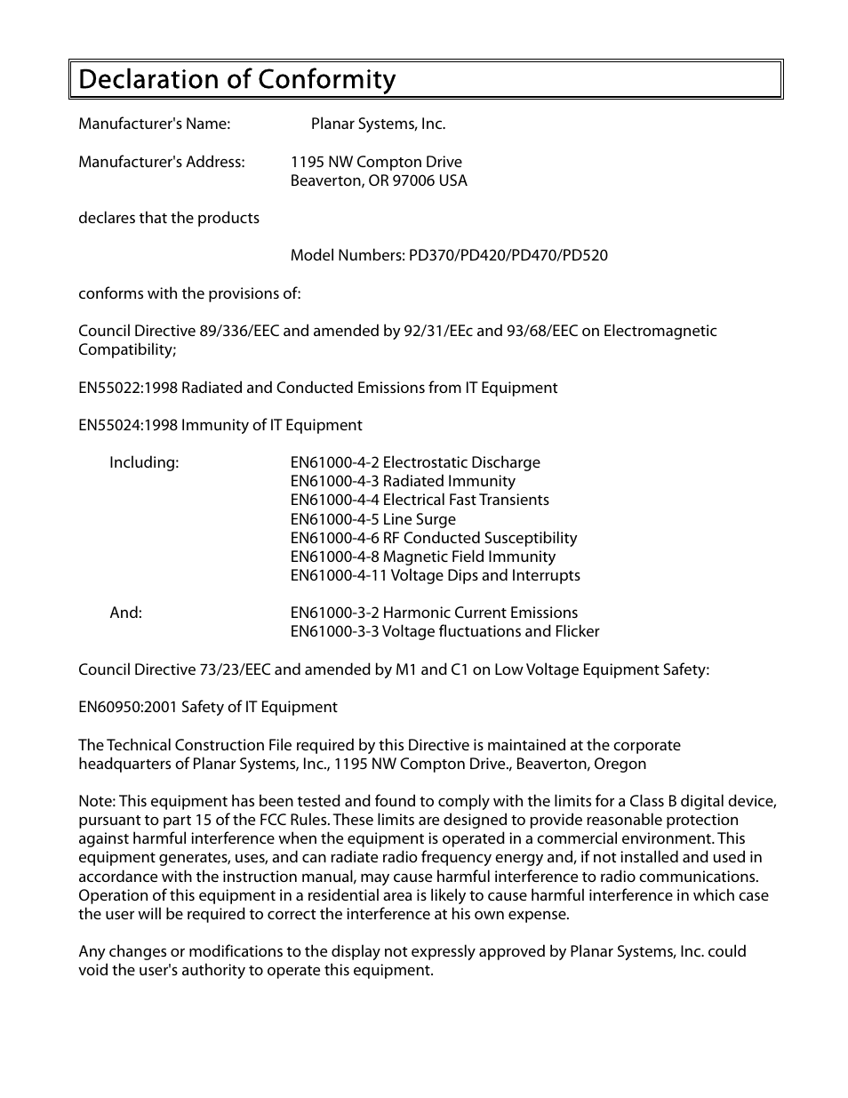 Declaration of conformity | Planar PD370 User Manual | Page 25 / 26