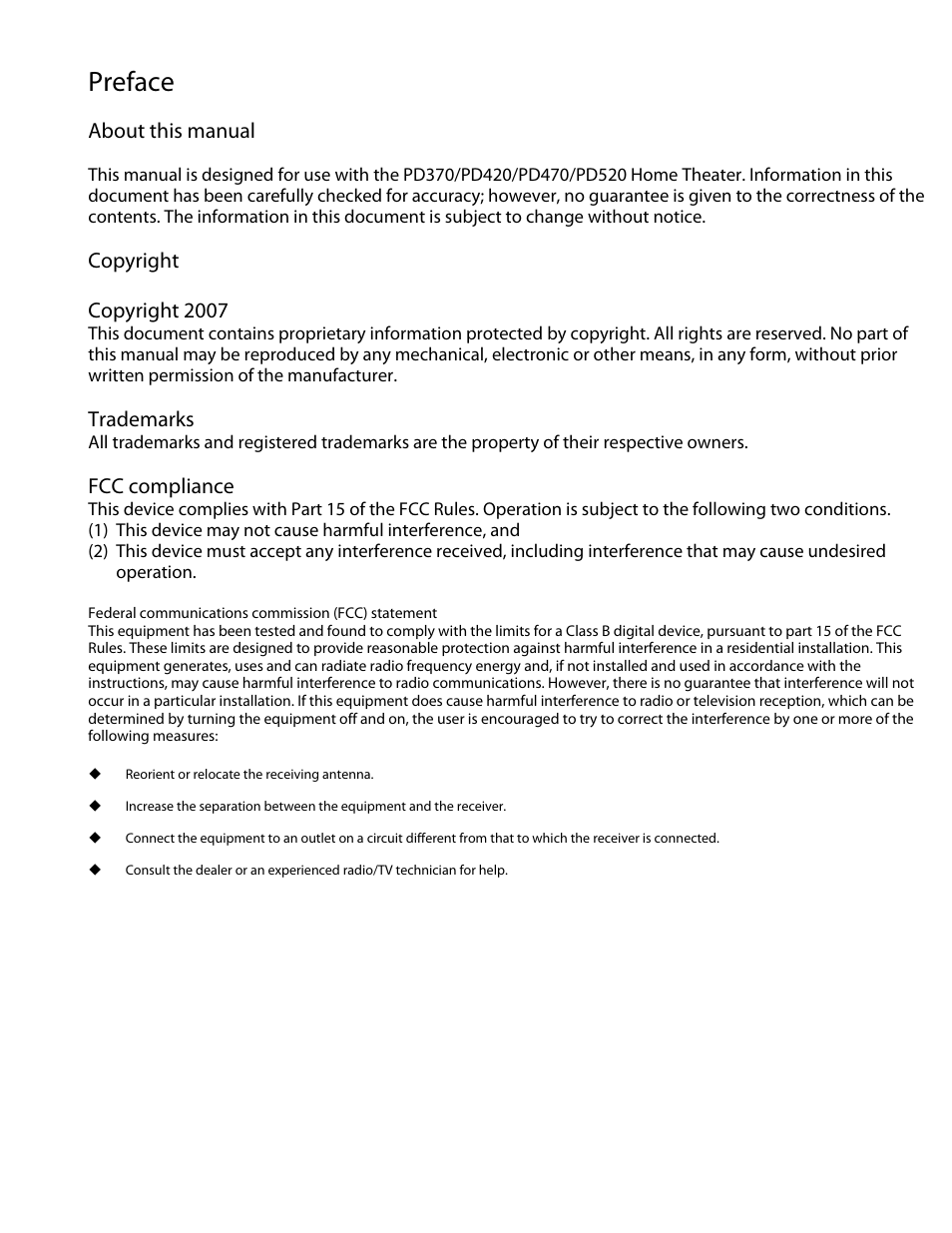 Preface, About this manual, Copyright copyright 2007 | Trademarks, Fcc compliance | Planar PD370 User Manual | Page 3 / 26