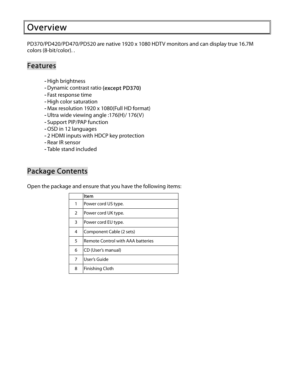 Overview, Features, Package contents | Planar PD370 User Manual | Page 8 / 26