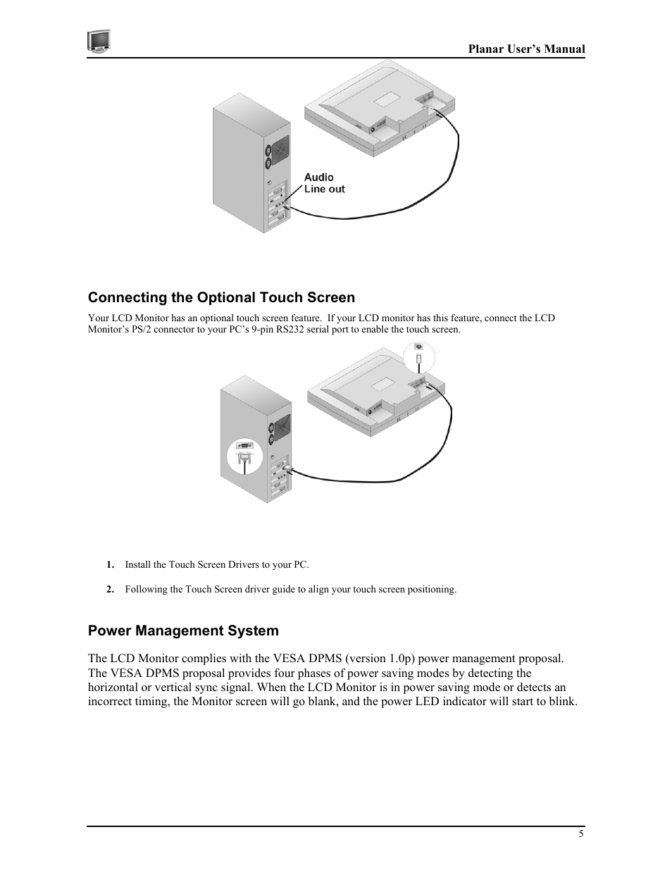 Connecting the optional touch screen, Power management system | Planar CT1905S User Manual | Page 11 / 18