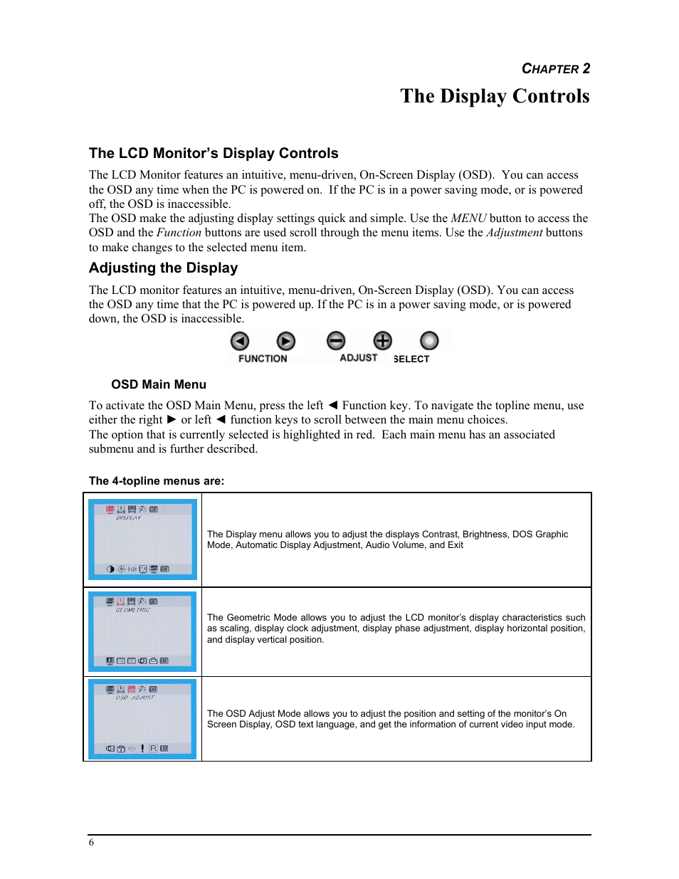 The display controls, The lcd monitor’s display controls, Adjusting the display | Planar CT1905S User Manual | Page 12 / 18