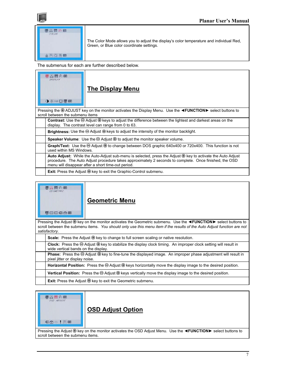 The display menu, Geometric menu, Osd adjust option | Planar CT1905S User Manual | Page 13 / 18