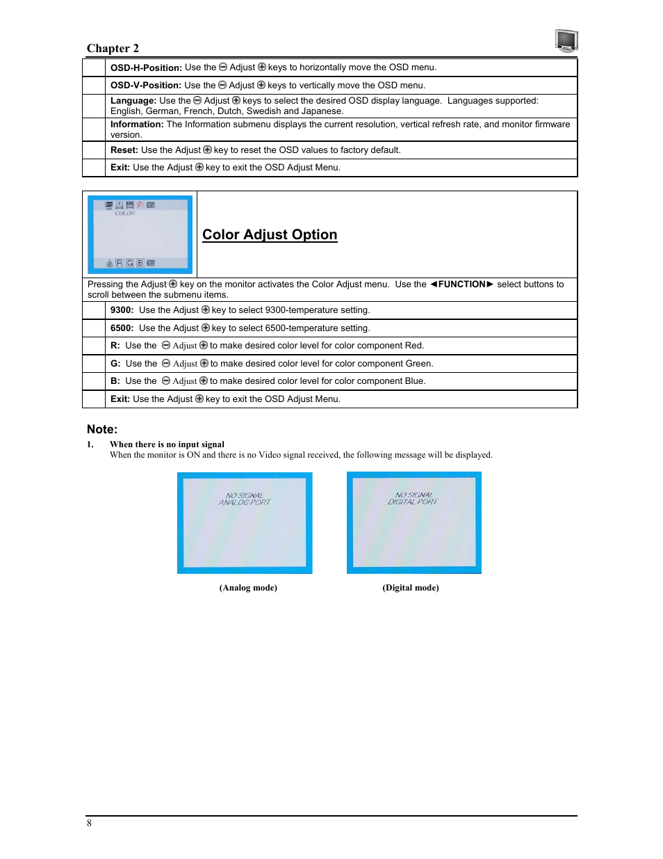 Color adjust option | Planar CT1905S User Manual | Page 14 / 18