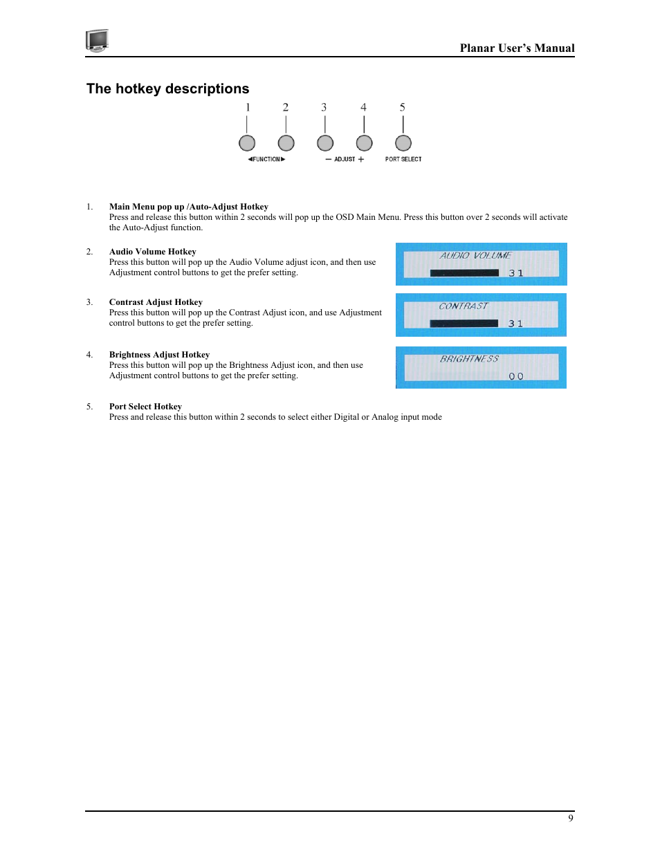 The hotkey descriptions | Planar CT1905S User Manual | Page 15 / 18