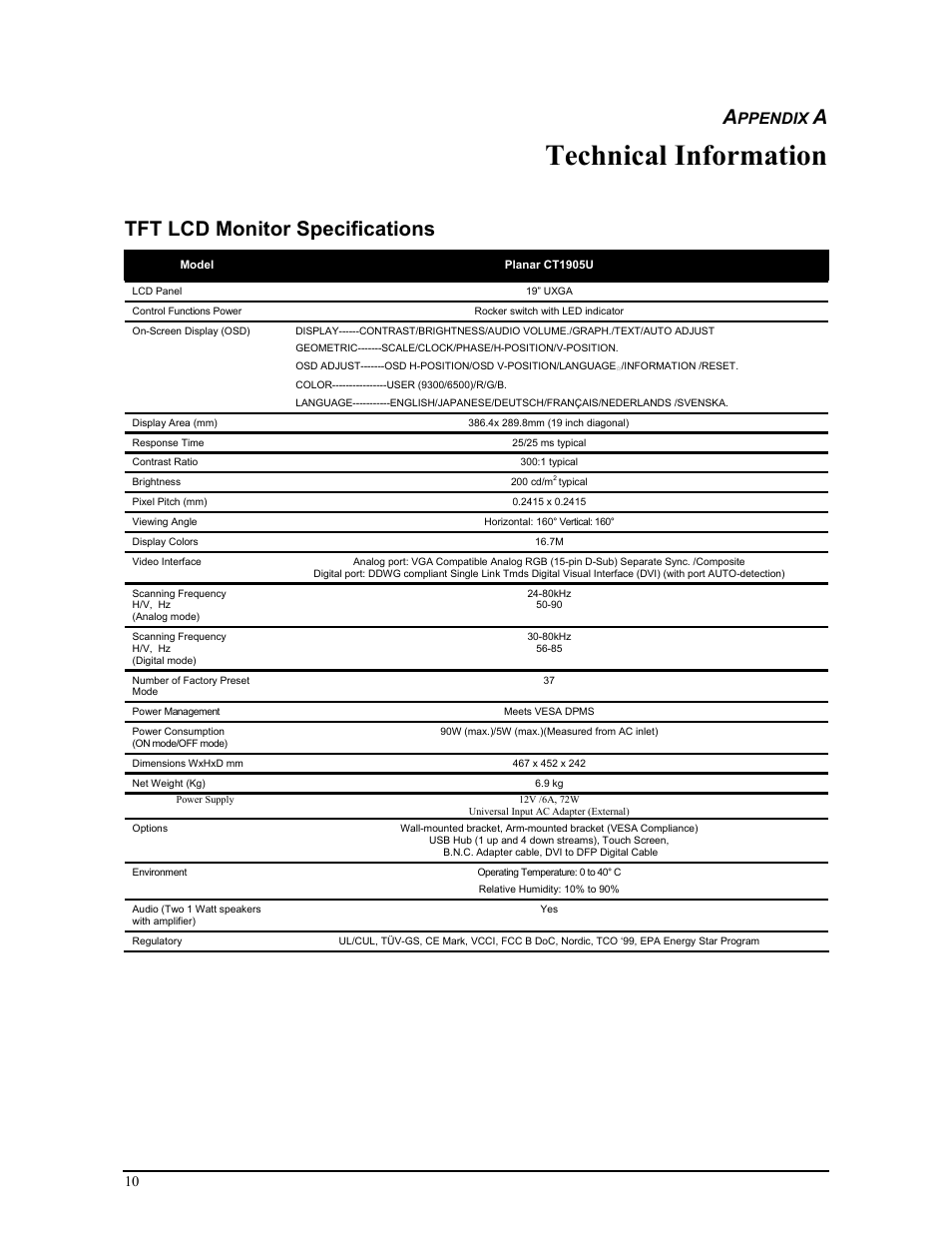 Technical information, Tft lcd monitor specifications, Ppendix | Planar CT1905S User Manual | Page 16 / 18
