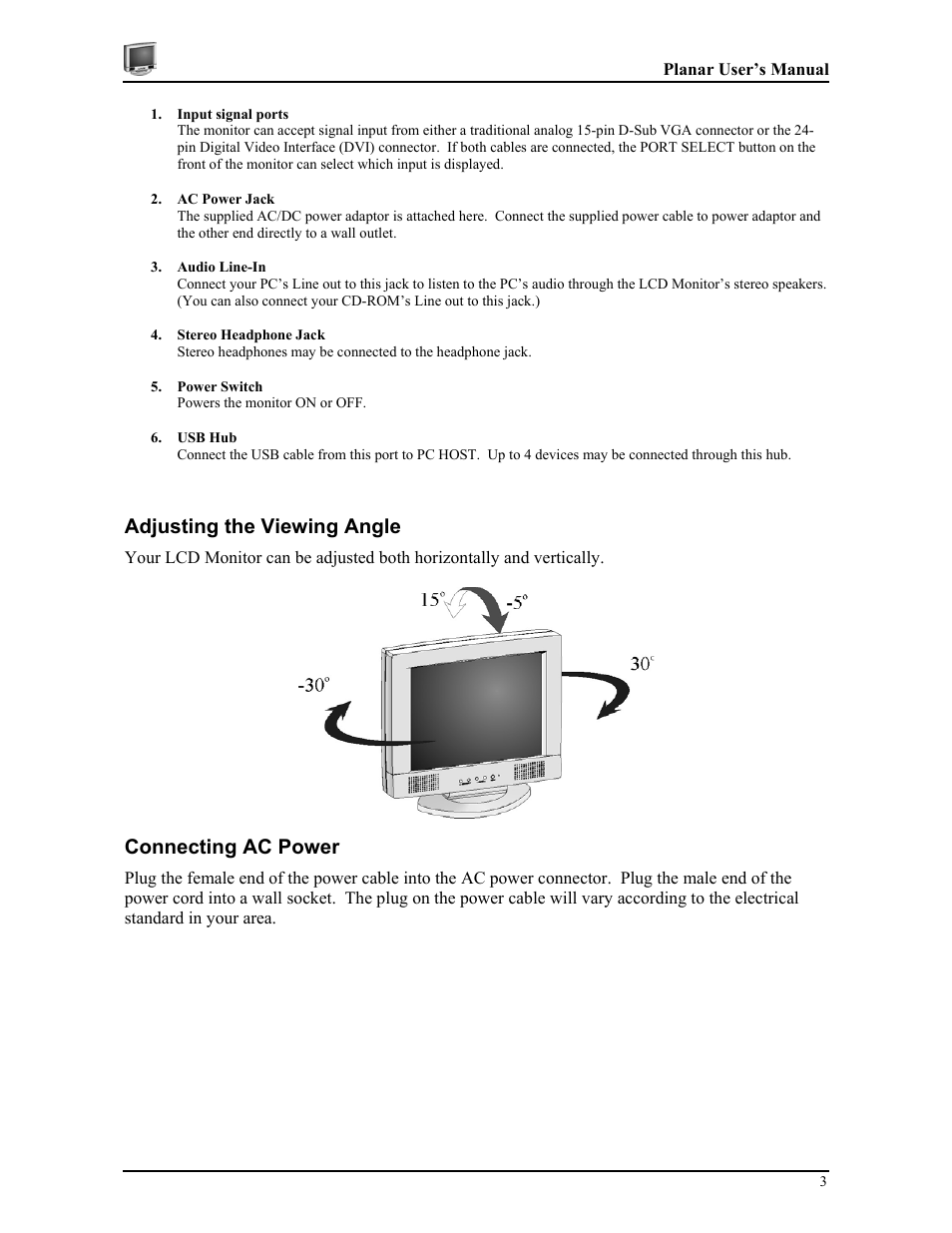 Adjusting the viewing angle, Connecting ac power | Planar CT1905S User Manual | Page 9 / 18