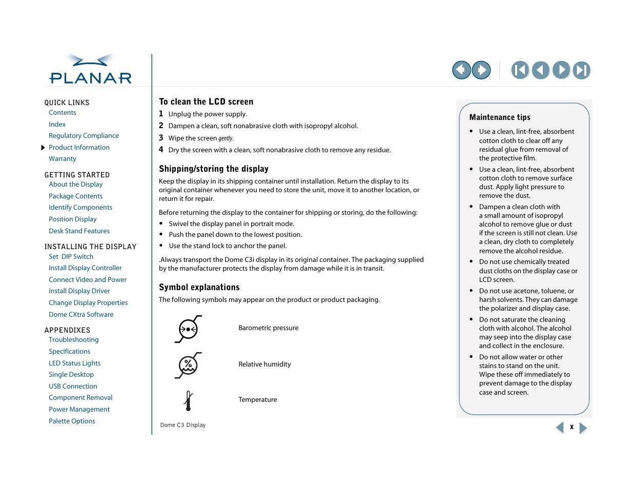 To clean the lcd screen, Shipping/storing the display, Symbol explanations | Planar C3 User Manual | Page 10 / 45