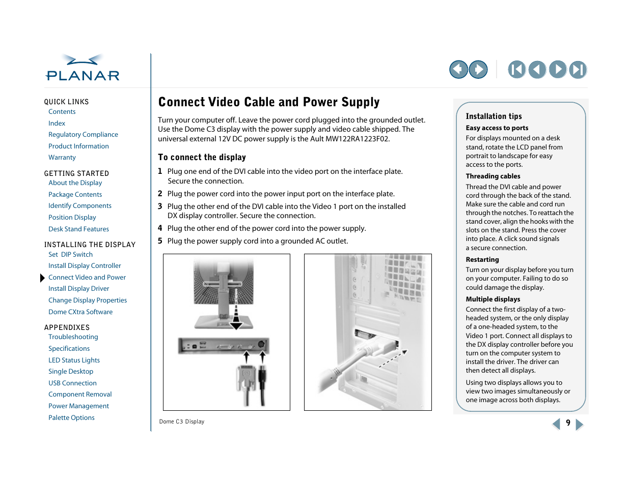 Connect video cable and power supply, Connect video and power, Ac power cord | Dvi video cable, Dc power adapter, Remove the stand cover to thread the, Power cord and dvi cable connections | Planar C3 User Manual | Page 19 / 45