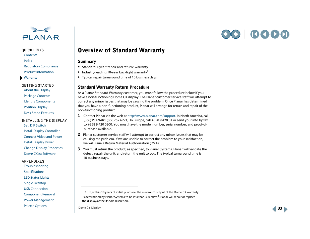 Standard warranty, Warranty, Overview of standard warranty | Planar C3 User Manual | Page 43 / 45