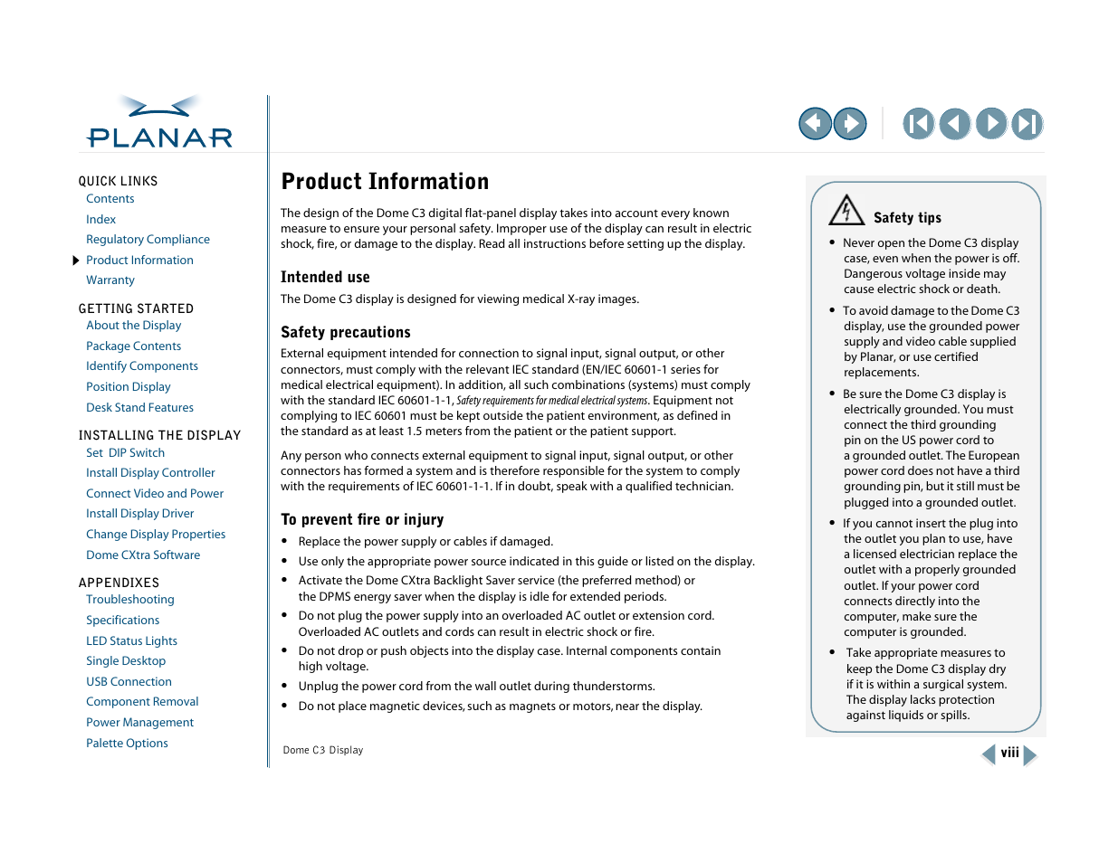Product information, Intended use, Safety precautions | To prevent fire or injury, Viii | Planar C3 User Manual | Page 8 / 45