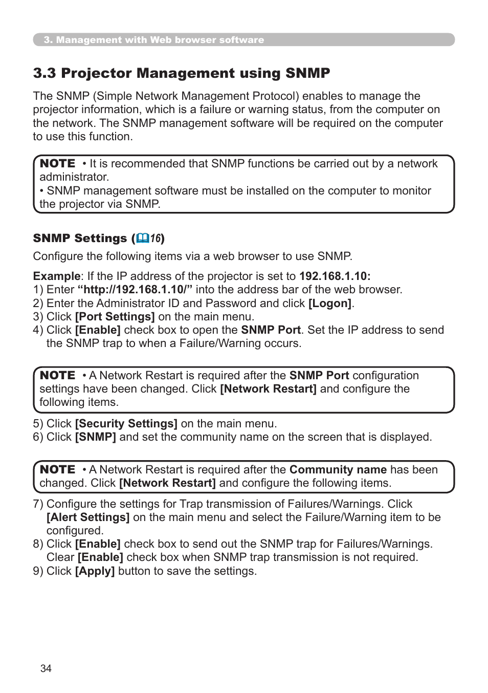3 projector management using snmp | Planar PR Line PR9030 User Manual | Page 36 / 47