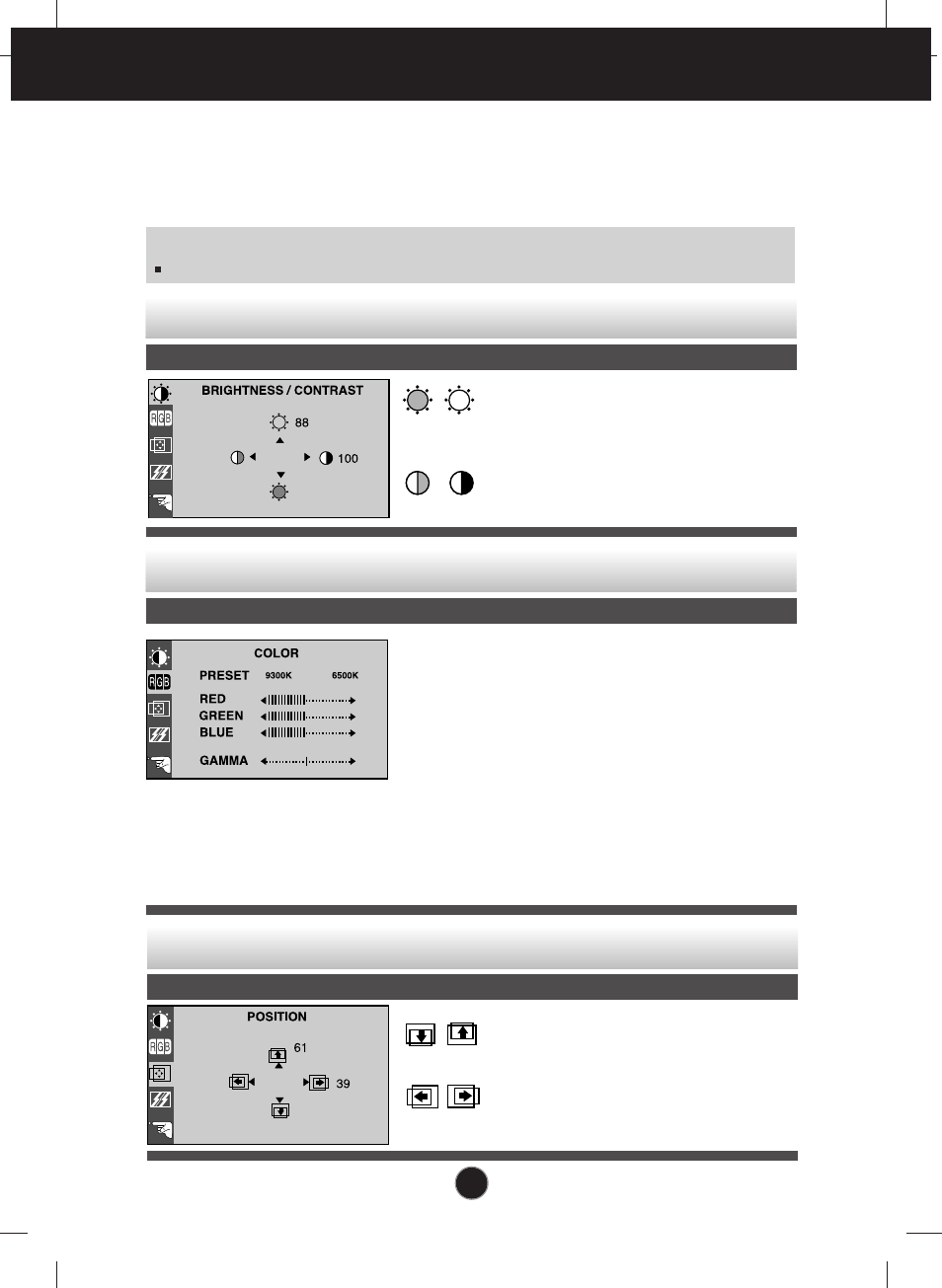 To customize the color of the screen, To adjust the position of the screen, On screen display(osd) selection and adjustment | Planar PQ150 User Manual | Page 10 / 16