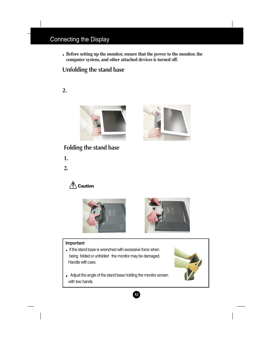 Connecting the display, Unfolding the stand base, Folding the stand base | Planar PQ150 User Manual | Page 4 / 16