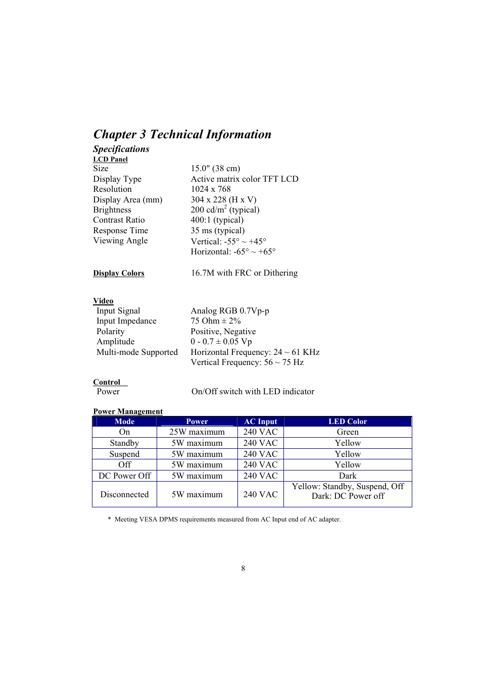 Chapter 3 technical information, Specifications, Video | Control, Power management | Planar PE150 User Manual | Page 10 / 13
